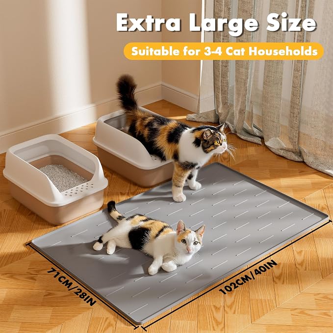 Pieviev Extra Large Silicone Litter Box Mat, Easy to Clean, 40'' x 28'' | Extra-Large Coverage Area Litter Mat, Soft on Kitty Paws, Grooves Reduce Waste, Raised Edges Trap Urine and Spills.