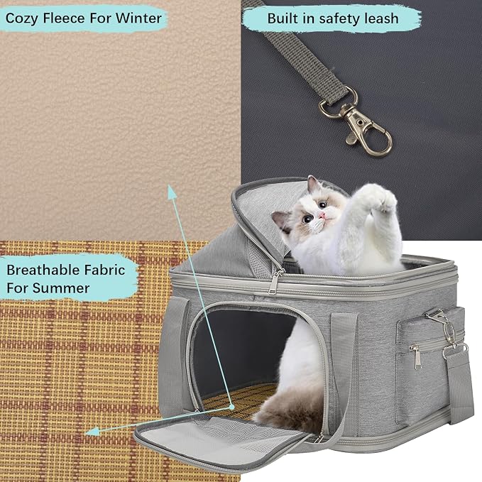 Expandable Pet Dog Cat Carrier, Top Opening Pet Bag for Small Medium Dogs Cats, Collapsible Ventilated Car Travel Comfort Soft-Sided Puppy Carriers Up to 15lbs (Light Grey, 16.2"x11.4"x13"(LxWxH))