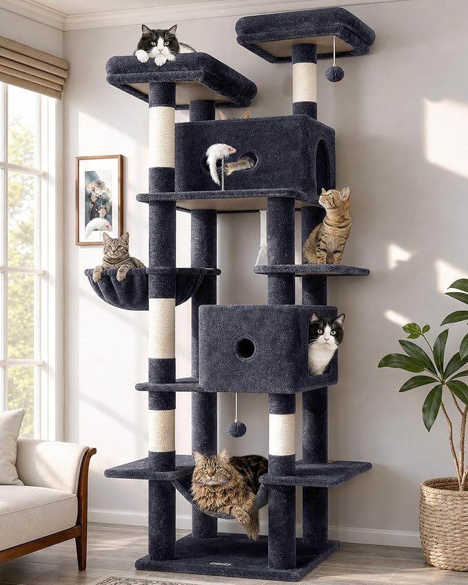 Globlazer Heavy Duty Cat Tree Tower 80in Tall Extra Large Cat Tree Tower for Multiple Indoor Cats Large Adult with Scratching Posts, 2 Spacious Condos, Padded Perches, Soft Hammock, S80B, Dark Grey