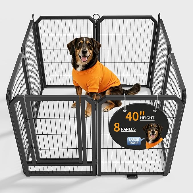 Dog Playpen Indoor 40 Inch 8 Panels Pet Pen with Door & Stakes Portable Exercise Puppy Playpens Metal Dogs Fence Outdoor for Yard RV Camping Training Trips Small Medium Large Dogs Foldable Expandable