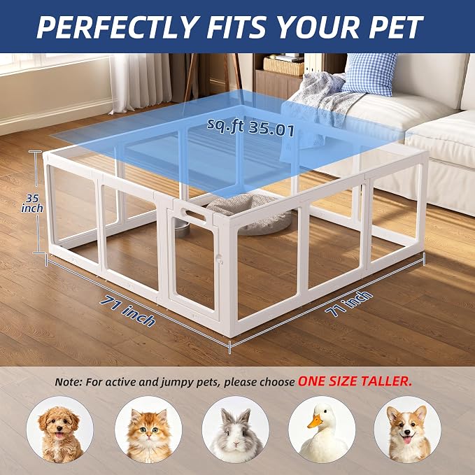 Clear Acrylic Dog Playpen Indoor, Puppy Cat Small Pet Play Pen, Pet Cat Playpen for Rabbits, Dog Fence Crate Kennel Whelping Cage (35", White, 12 Panel)