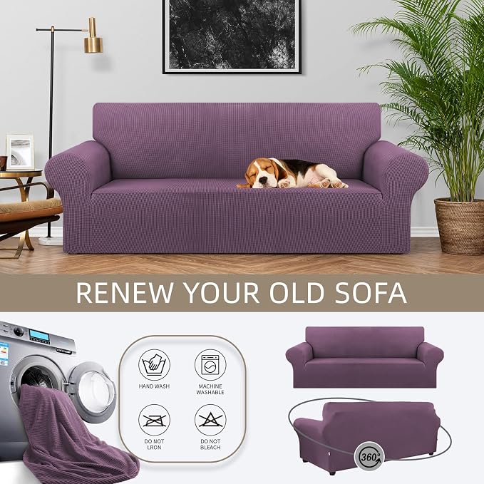 Stretch Couch Covers for Sofa, 3 Cushion Couch Slipcover,Dark Purple | 1-Piece Washable Sofa Cover Pet Friendly(78"-94") Furniture Protector Soft Jacquard, Elastic Bottom for Dogs & Kids