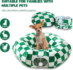 Cute Round Cat Tunnel for Indoor Cats, Green/White | Peekaboo Cat Cave with Dangling Balls, Checkered Pet Donut Tunnel Bed with Circle Mat for Puppy Kitten Rabbit