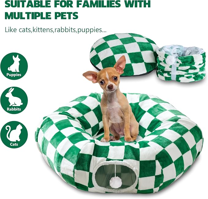 Cute Round Cat Tunnel for Indoor Cats, Green/White | Peekaboo Cat Cave with Dangling Balls, Checkered Pet Donut Tunnel Bed with Circle Mat for Puppy Kitten Rabbit