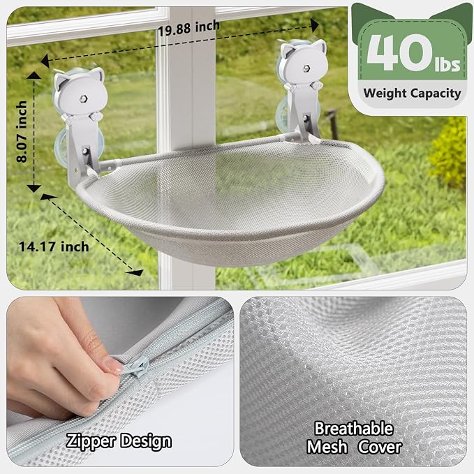 Cat Window Perch Cordless, Glow in The Dark & Stable Cat Beds- Breathable Window Hammock for Overlooking, Sunbathing and Climbing - Maximum Hold Up to 40lb(Light Grey)