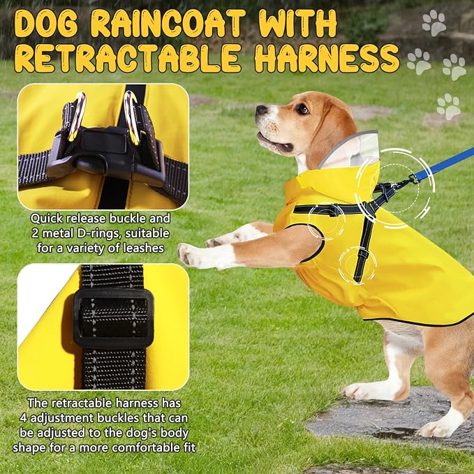 Dog Raincoat: Dog Rain Jacket with Reflective Harness & Removable Hood | Waterproof Dogs Rain Coat Poncho for Large Medium Small Dogs Puppies (Yellow - XL)