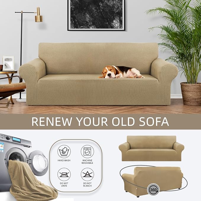 Stretch Couch Covers for Sofa, 3 Cushion Couch Slipcover,Tan | 1-Piece Washable Sofa Cover Pet Friendly(78"-94") Furniture Protector Soft Jacquard, Elastic Bottom for Dogs & Kids