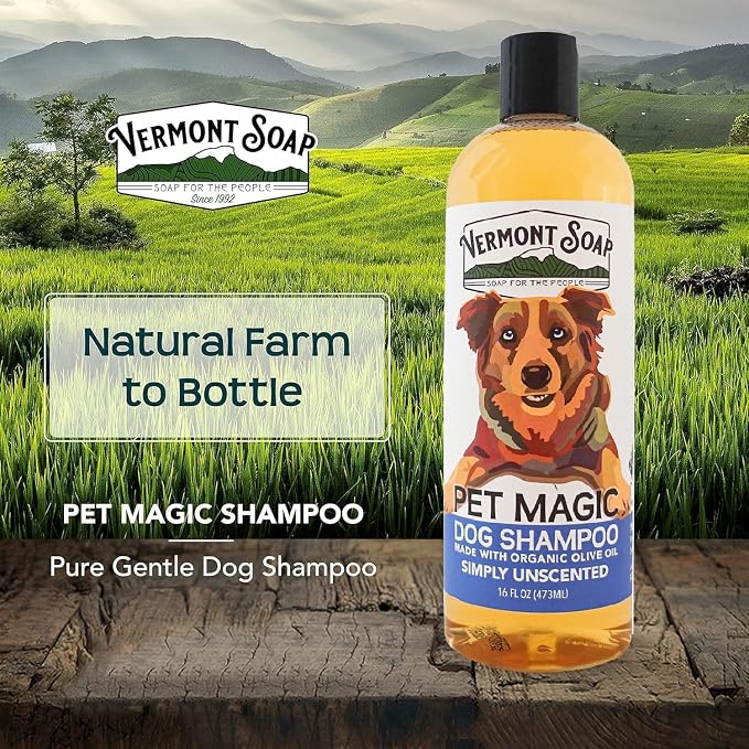 VERMONT SOAP Organic Pet Shampoo, Unscented Natural Dog Shampoo, 16 oz | Unscented organic olive oil, coconut & aloe vera, sensitive skin care, USDA certified , fragrance free, dog shampoo grooming