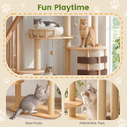 63.8 Inch Large Solid Wood Cat Tree, Modern Cat Tower for Indoor Cats, Cat Condo with Top Hideaway, Sisal Scratching Posts, Washable Cushion, Hanging Balls, Natural