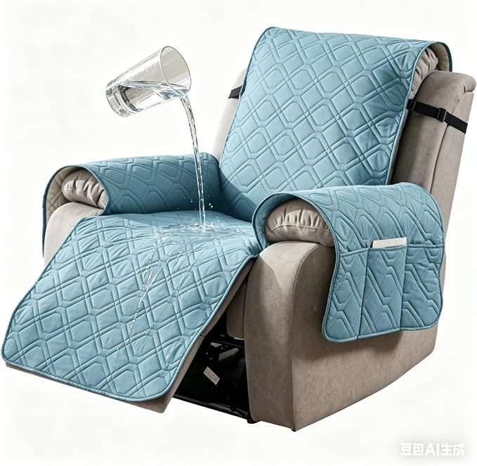 100% Waterproof Recliner Chair Cover, Non-Slip Washable Recliner Slipcover with Elastic Straps & Side Pocket, Stay in Place Furniture Protector for Dogs Cats Kids (Light Blue, 23)