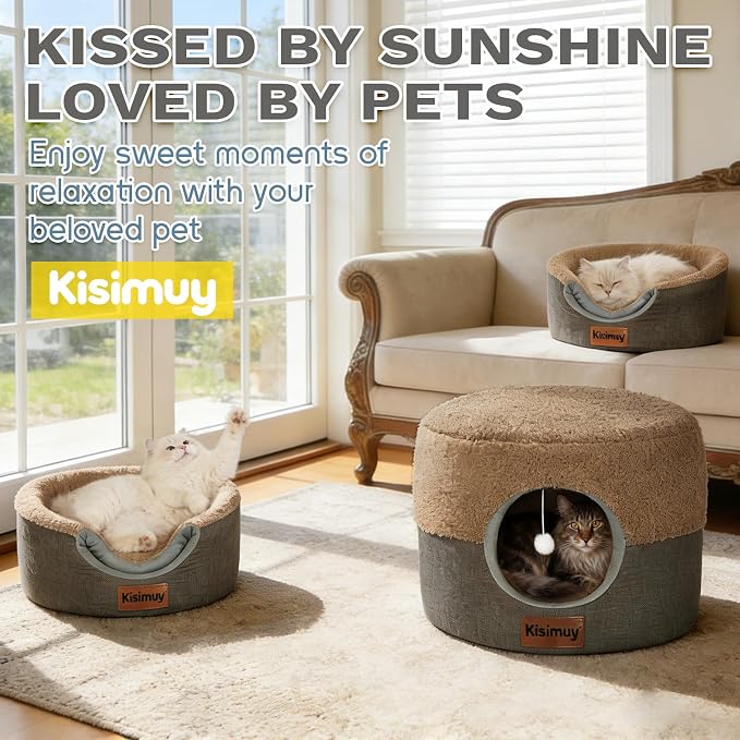 Cozy Cat Bed Cave for Indoor Cats,with Reversible Plush Cushion | 19.7"D x 15"H, 2-in-1 Convertible Kitten Bed, Hanging Cat Toys, Linen Fabric, Non-Slip, Large Cat Couch, Brown
