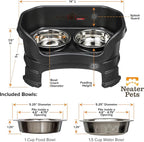 Neater Feeder Deluxe Mess-Proof Elevated Cat Bowls, 2 Height Adjustable (6” & 7.5”) No-Spill Raised Cat Bowl Stand, Whisker Friendly Stainless Steel Dishes for Indoor Cats, Made in USA, Black