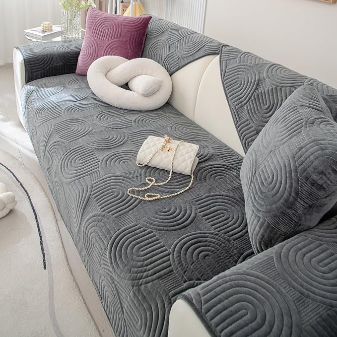 Soft Plush Geometric Quilted Couch Sofa Cover Boho Non Slip Fuzzy Sectional Couch Cover Solid Color Washable Sofa Slipcover Furniture Protector for Kids Dogs Cats (Dark Grey,36"x36")