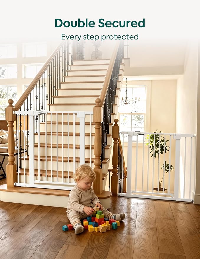 Babelio Pressure Mounted Baby Gate for Stairs, 26-40" Wide Dog Gate,2 Pack | Triple-lock System; Pressure/Wall Mount; Auto-close; 200N Impact Tested; Easy Install for Doorways, Kitchen, Hallway, White