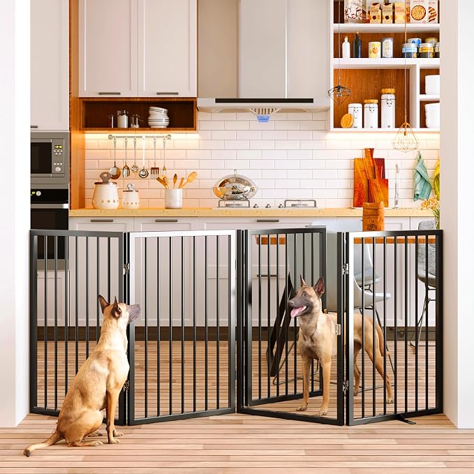 Vantas 80" x 32" Foldable Freestanding Extra Wide Dog Gate with Door,Black | Freestanding Dog Gate for Stairs and Doorways, Renter Friendly No Drill, Extra Wide, Easy Storage, With Support Feet