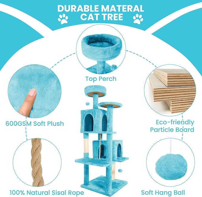 57inch Large Cat Tree Tower Condo for Indoor Cats, Soft Plush Multi-Level Climbing Tree Cat House with Cat Cave, Scratching Post, More Entrance/Exit, Sisal Rope, Light Blue