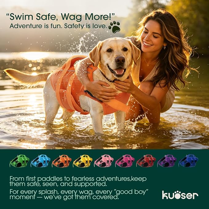 Kuoser Dog Life Jacket, High Flotation Reflective Dog Life Vest, Orange,XXL | Adjustable Dog Lifejackets for Small Medium Large Dogs, Lifevest with Rescue Handle for Swimming, Boating, Lake, Beach & Pool