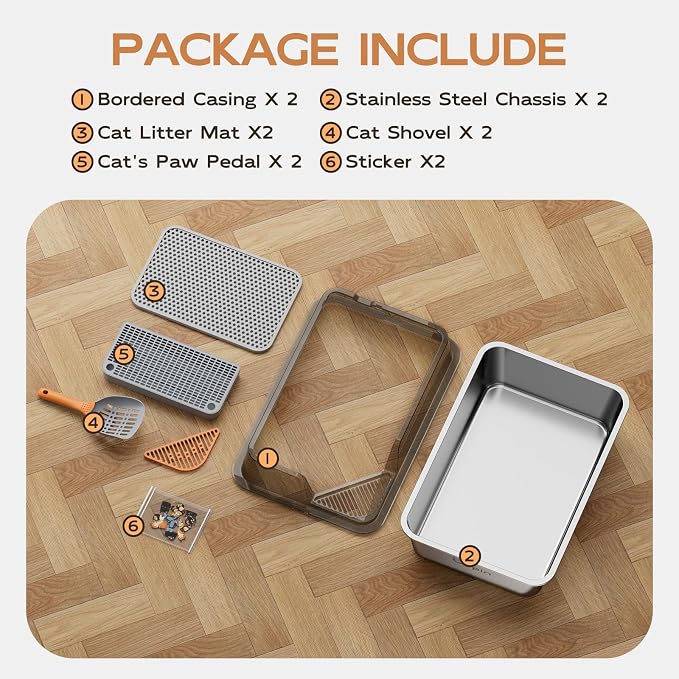 2 Pack Stainless Steel Litter Box - Extra Large XXL Metal Cat Litter Box with Lid High Sides for Big Cats and Multi-Cats, Angled Entrance, Anti-Urine Leakage, Non-Stick Bottom