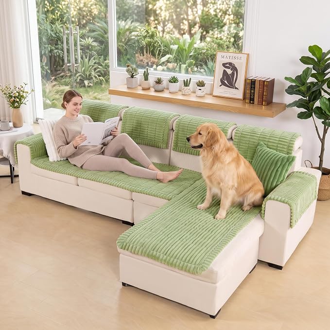 FUANGUI 2 Pack Waterproof Couch Cover for Dogs Pets Sofa Protector | Non-Slip Washable Fuzzy Soft Sofa Slipcover for 2 PCS L Shaped Sofa Pet Friendly, 27.6" x 59.1"+27.6" x 70.9", Grass Green