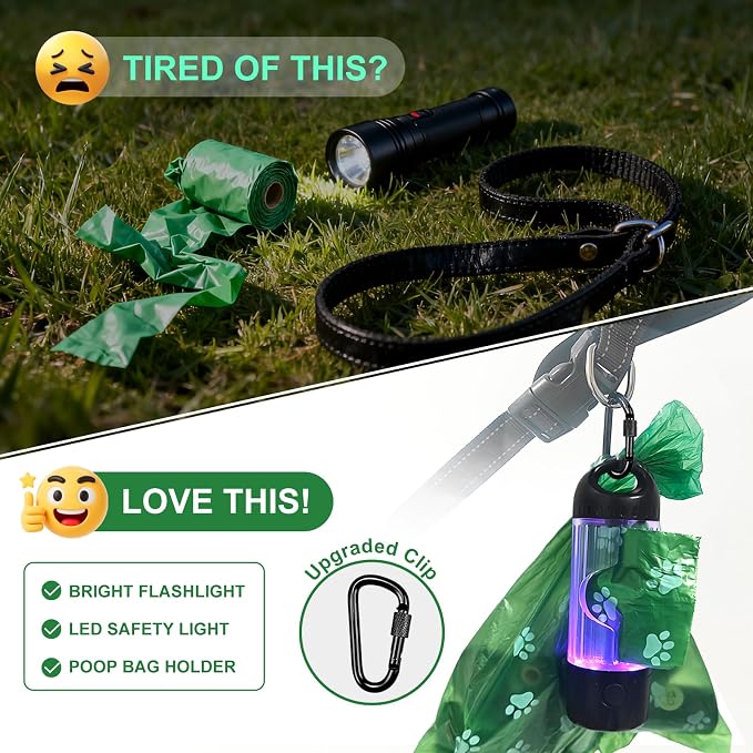 Tubasion 3-in-1 Dog Poop Bag Holder with Flashlight 7-Color, USB-C Rechargeable doggie bag holder for leash, IPX6 Waterproof Anti-Slip Clip Pet Waste Bag Dispenser for Walking (2 Dispensers, 60 Bags)