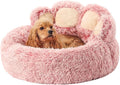 Jiupety Paw Shape Calming Pet Bed, Plush Faux Fur Donut Bed for Dogs & Cats, Machine Washable, Non-Slip Bottom, Large Size (26"×26"×8"), Pink