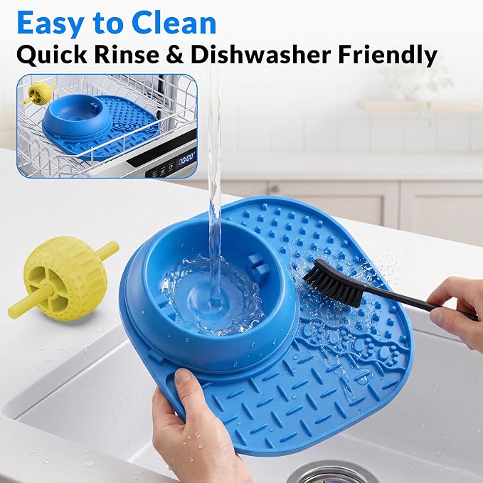 Slow Feeder Dog Bowl with Rotating Lick Ball Blue | Dog lick Bowl for yogurt ,Bone Broth&Wet Food,Silicone Lick Mat with Sution Cup Base for Dogs &Cats