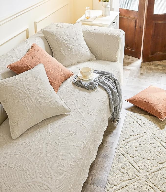 Leaf Floral Cotton Quilted Dog Couch Cover for Sofa Farmhouse Rustic Embroidered Sectional Couch Cover Soft Anti-Slip Sofa Slipcover Furniture Protector for Kids, Pets (Beige,43"x70")