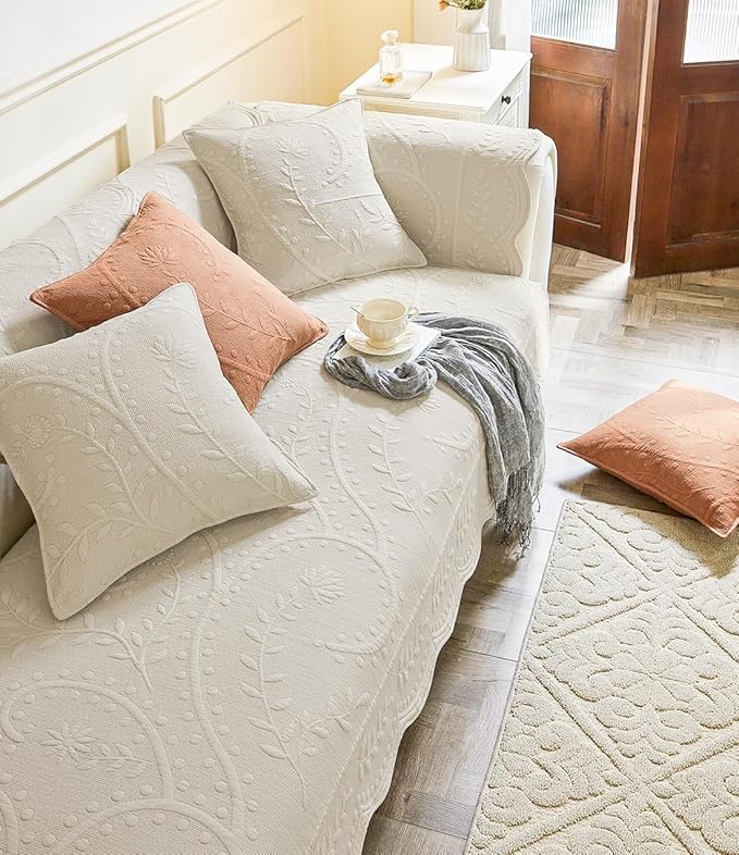 Leaf Floral Cotton Quilted Dog Couch Cover for Sofa Farmhouse Rustic Embroidered Sectional Couch Cover Soft Anti-Slip Sofa Slipcover Furniture Protector for Kids, Pets (Beige,36"x47")
