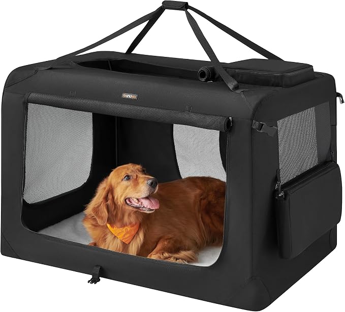 Feandrea Collapsible Soft Dog Crate, Portable Travel, 48 Inches | Dog Carrier Kennel with Safety Zippers for Living Room, Car, Travelling, Black UPDC12H