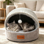 Cat Bed Cave with Pillow & Cat Toys, Cat Bed for Indoor Cats & Dog | 17.7in, Up to 15 lbs, Dual-Sided Cushion, Reversible Comfort for All Seasons, Semi-Enclosed Design, Machine Washable, Grey