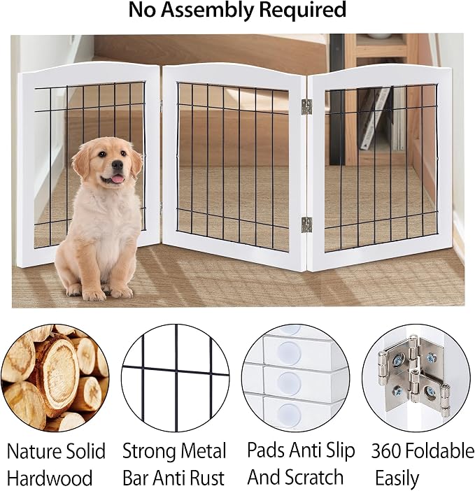 LZRS 3-Panel Freestanding Foldable Wooden Dog Gate –Solid Wood & Steel Wire Chew-Resistant Indoor Safety Pet Fence for Doorways & Stairs, Ideal for Small to Medium Dogs & Puppies, White
