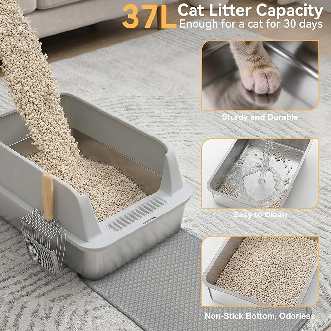 Stainless Steel Litter Box, XL High Sided Enclosed Cat Litter Boxes with Lid for Big Cats, Anti-Urine Leakage Includes Litter Mat & Metal Scoop