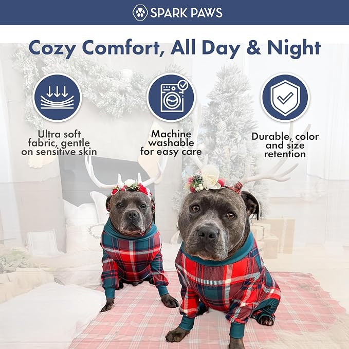 Spark Paws Dog Christmas Pajama, Dog Recovery Suit Male, Onesie, Ultra-Soft and 4-Way Stretch, for Small Medium and Large Breeds - Green and Red Plaid - 2XL
