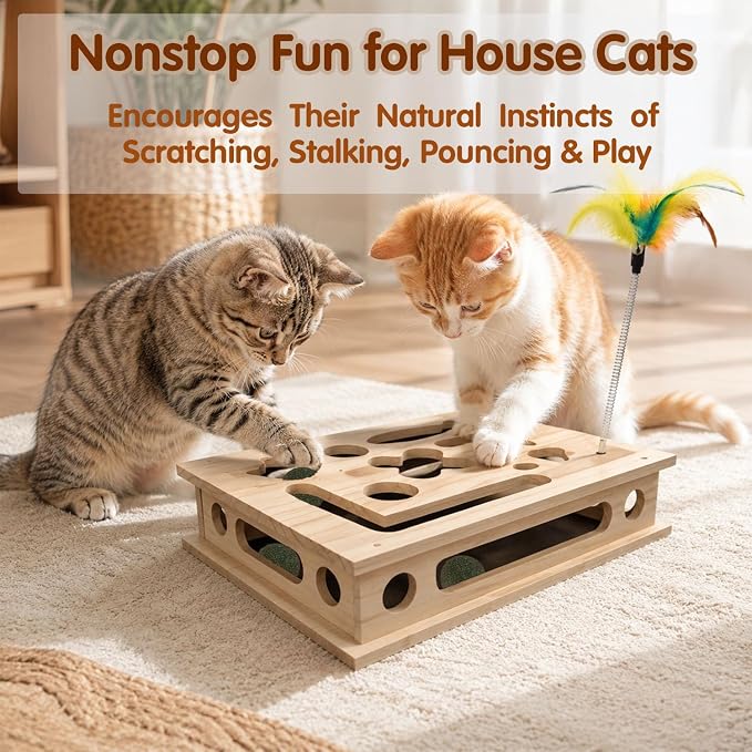 Cat Scratch Puzzle Enrichment Box | Wood Construction Cat Nail File Enrichment Box with Sandpaper Inside,Cat Nail File Box with Three Interactive Play Ball Toys
