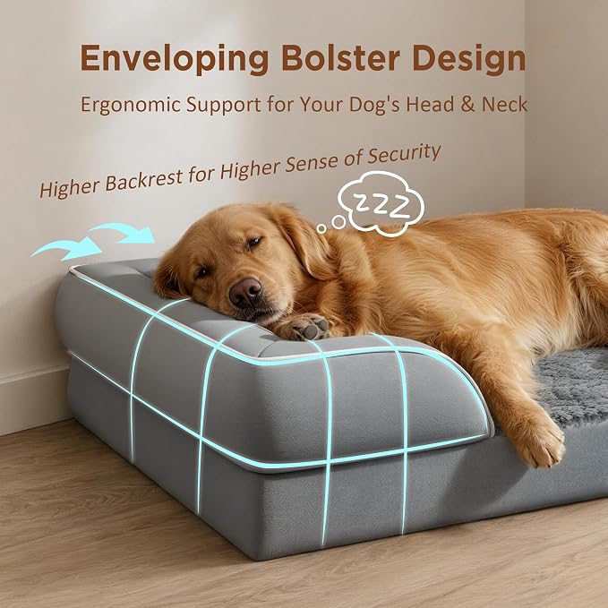 Comfort Expression Orthopedic Dog Beds for Large Sized Dog with Bolster | Waterproof Dog Couch Bed with Washable Cover & Non-Slip Bottom, Supportive Egg Crate Foam Large Pet Bed, 38x25 Inch