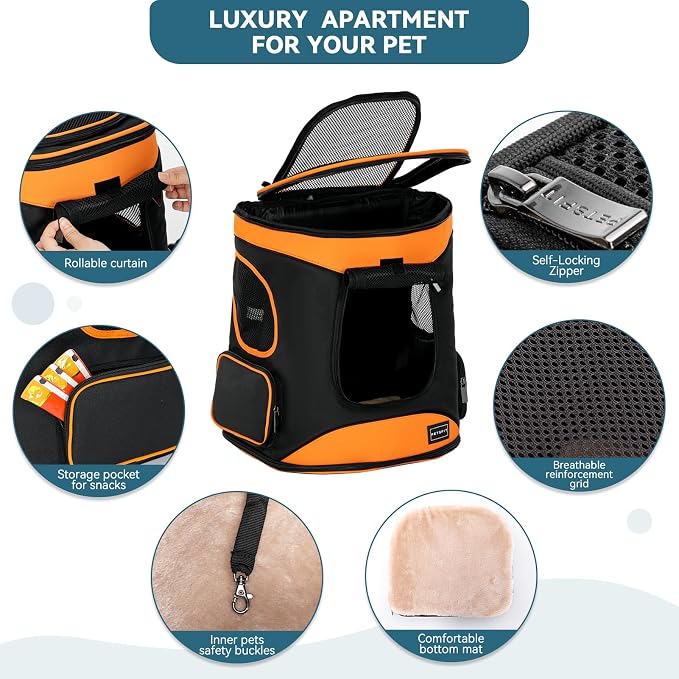 Petsfit Dog and Cat Backpack Carrier, Padded Waist Support, Up to 18 lb | 13.5 x 12.5 x 17.5 in; reinforced frame, 600D Oxford, 4 mesh panels, lockable zippers, safety tether and washable mat.