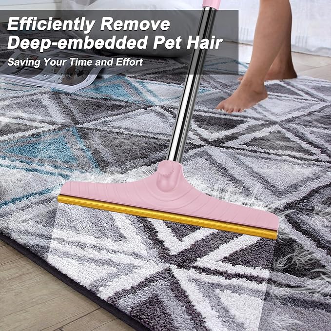 Carpet Rake for Pet Hair Removal, Carpet Scrape for Rug Pink | Reusable Pet Hair Remover, 60" Adjustable Long Handle,for Dog Cat Hair, For Rugs, Mats, Couch, Furniture