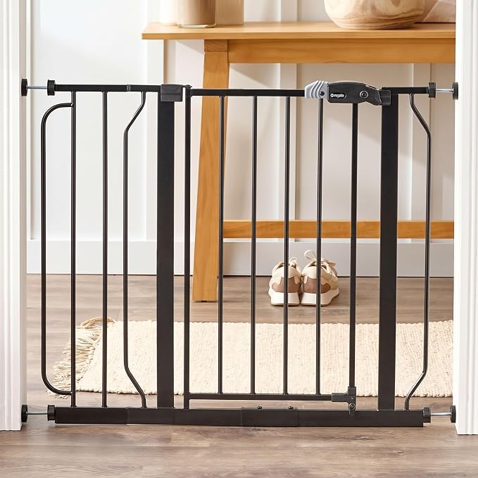 Regalo Safety 29"-38.5" Easy Step Baby Gate, Bottom of Stairs & Doorways | Pressure Mounted with Door, For Babies, Toddlers & Pets, Black, Tested & Trusted for 30 Years