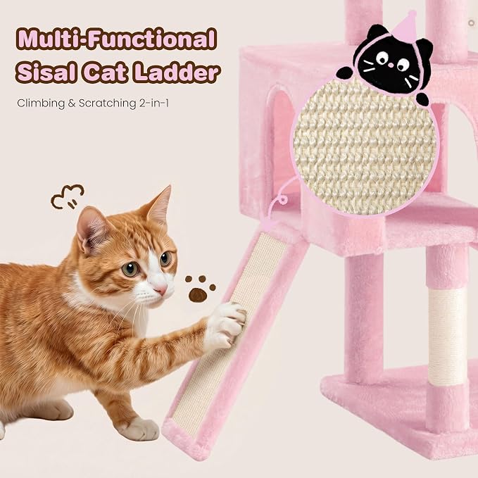 SHA CERLIN 82 inch Cat Tree Tower, Multi-Level Cat Condo with Plush Perches, Sisal Scratching Posts, Hammock and Toys, Stable Cat Tower for Kittens and Adult Cats, Pink