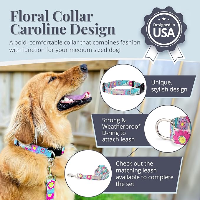 Lucky Love Dog Collars, Vivid Flower Pattern Dog Collars for Medium Female Dogs, Spring & Summer Floral Themed Print, Caroline, Medium