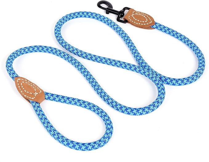 Mile High Life Dog Leash with Genuine Leather Connection, 6 FT/5 FT/4 FT | Rope Leash, Heavy Duty 360° Swivel Metal Clasp, for Small Medium & Large Dogs (Sky Blue, 60 Inch)