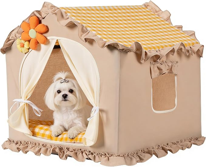 Yellow Indoor Dog House with Frame and Princess Style Cat Houses for Indoor Cats, Washable Cat Bed & Cat Tent, L Size (25x25x25 Inches) for 18-40 lbs. Pets.