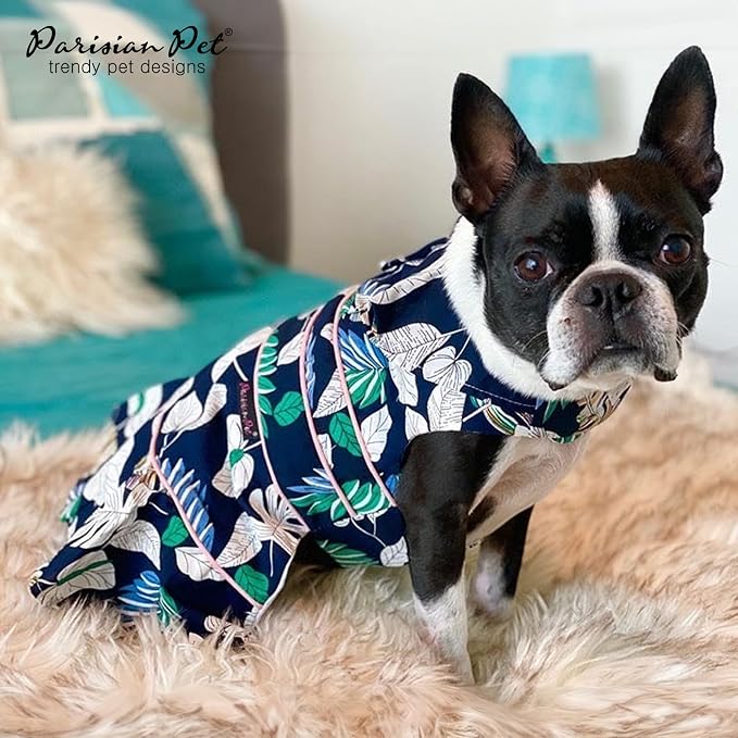 Parisian Pet Palm Dog Dress - 100% Cotton Summer Clothes for Small Dogs Girl - Tropical Leaf Pet Dress - Stylish Beach Dog Outfit - Lightweight Puppy Clothes - Green Dresses for Dogs