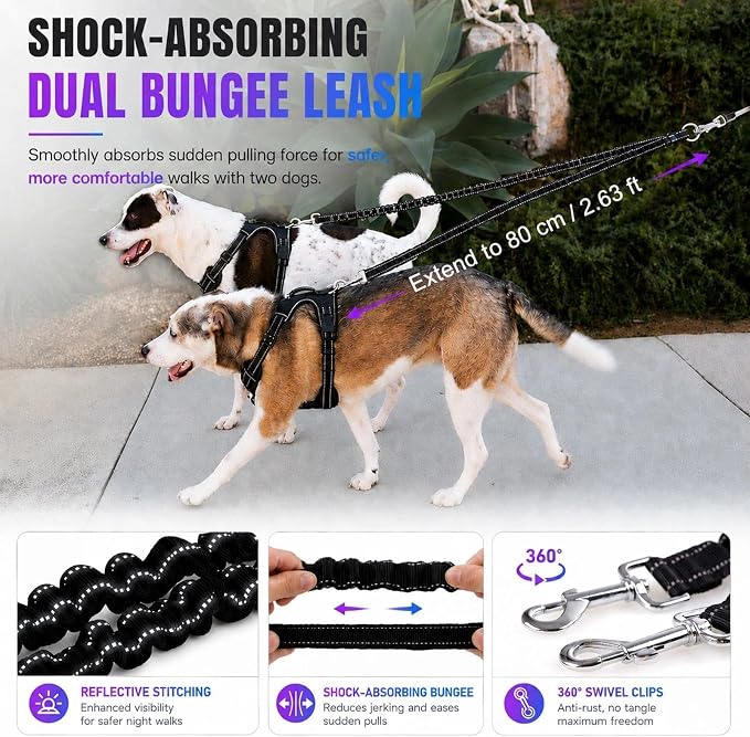 Double Retractable Dog Leash for Two Dogs Up to 115 lbs - 18.6 ft Coupler Leashes for Small Medium Dogs - One Locked System, Non Slip Grip, Tangle Free (Grey)