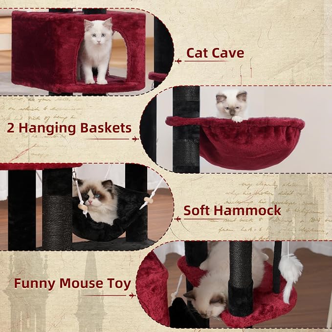 Gitelsnour Tall Cat Tree Tower for for Multiple Cats, Large Condo, GCT031BR | 78.7"(200cm) Multi-level Scratching Post for Indoor Large Adult, 2 Condo, 4 Platforms, 3 Hammock, Sisal Rope, Toys Black