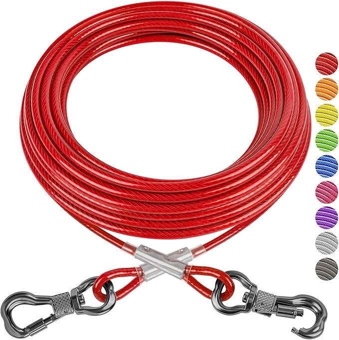 XiaZ Dog Tie Out Cable, Heavy Duty Dog Chains for Outside with Lockable Hook, Pet Runner Cable Leads for Yard, Dogs Line Tether for Small Medium Dogs Up to 250 LBS (100FT, Red)