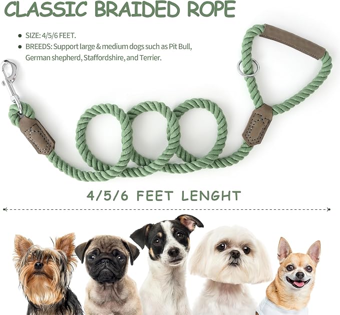 Mile High Life Dog Leash Braided Cotton Rope w/Leather-Wrapped Ends/Handle | Rust-proof 360° swivel clasp, Heavy-duty for medium/large breeds. Great for weddings, daily walks (6 FT, 1/2", Green)