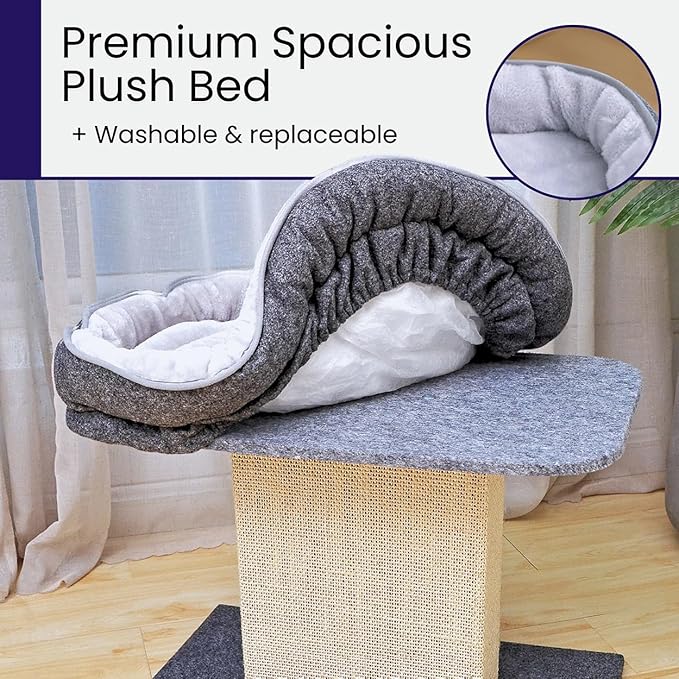 Catry Cat Perch with Washable Replaceable Bed & Wide Sisal Scratching Post | Cat Tree with Washable Replaceable Bed for Large Cats, Thick Sisal Scratching Post, Sturdy Cat Tower, Easy Assembly Cat Tree