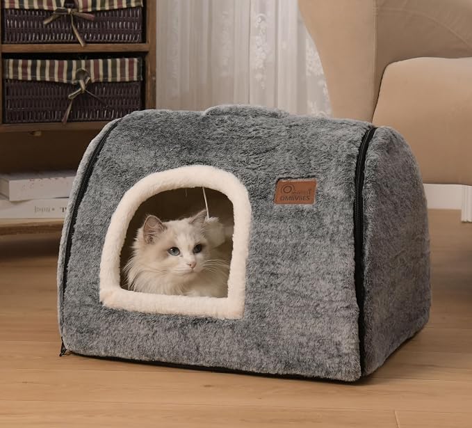 cat Bed cave-cat beds for Indoor Cats,Soft and Comfortable Cute cat Bed，cat House,with Removable Washable Cushioned Pillow,Enclosed Pet Bed,Kitten hut、Hideaway,Small Large Dog Tent (Dark Grey)