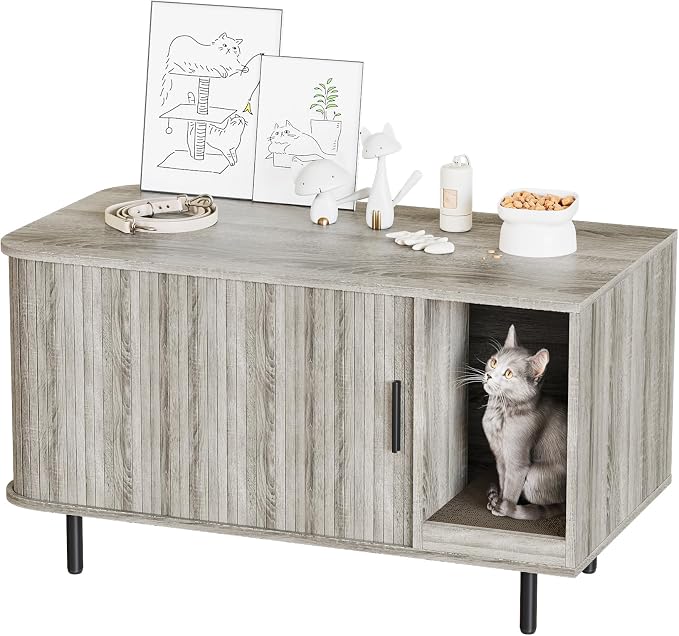 Halitaa 37.4" Cat Litter Box Enclosure with Scratch Pad, Sliding Door | Litter Box Enclosure Furniture Hidden Litter Box, Modern Indoor Cat House, TV Stand, Side End Table for Living Room, Grey